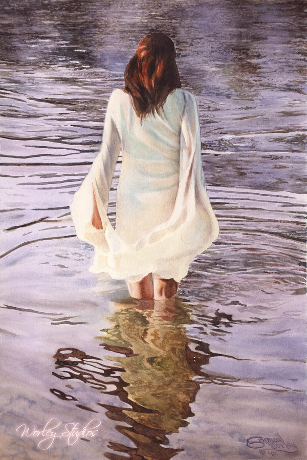 Realistic Original Print of Woman Walking in Water