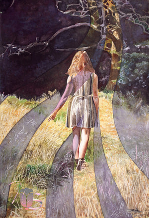 Purple Original Watercolor of Woman Walking into the Woods