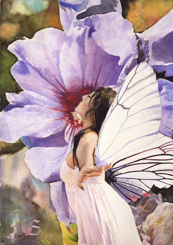 Limited Art Print of Fairy Flying Purple Flower